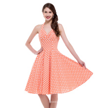 Belle Poque Stock Halter Algodão 50s Vintage Retro Orange Polka Dots Dress BP000013-5